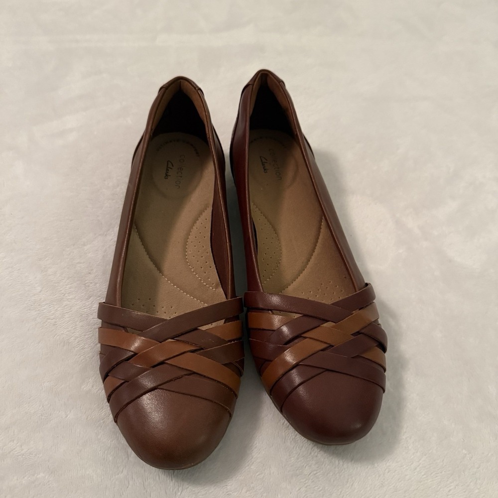 Clarks Sara Clover Mahogany Brown‎ Leather Woven Comfort Flats Women's Size 7.5M - Picture 2 of 9